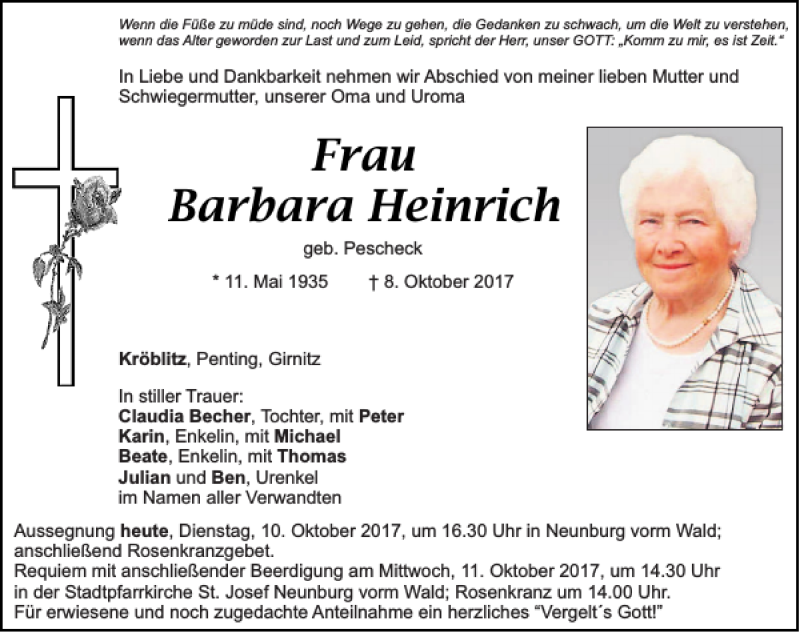  Traueranzeige für Barbara Heinrich vom 10.10.2017 aus Mittelbayerische Zeitung Schwandorf