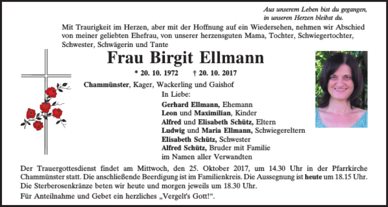  Traueranzeige für Birgit Ellmann vom 23.10.2017 aus Bayerwald Echo