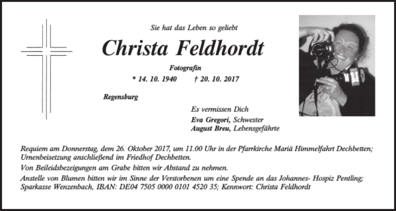  Traueranzeige für Christa Feldhordt vom 23.10.2017 aus Mittelbayerische Zeitung Gesamtausgabe