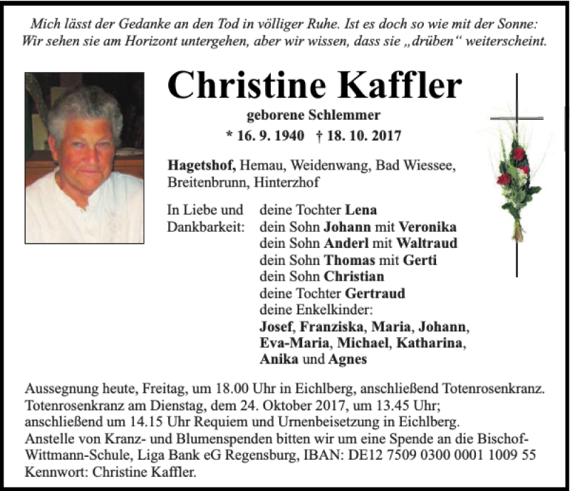  Traueranzeige für Christine Kaffler vom 20.10.2017 aus Neumarkter Tagblatt