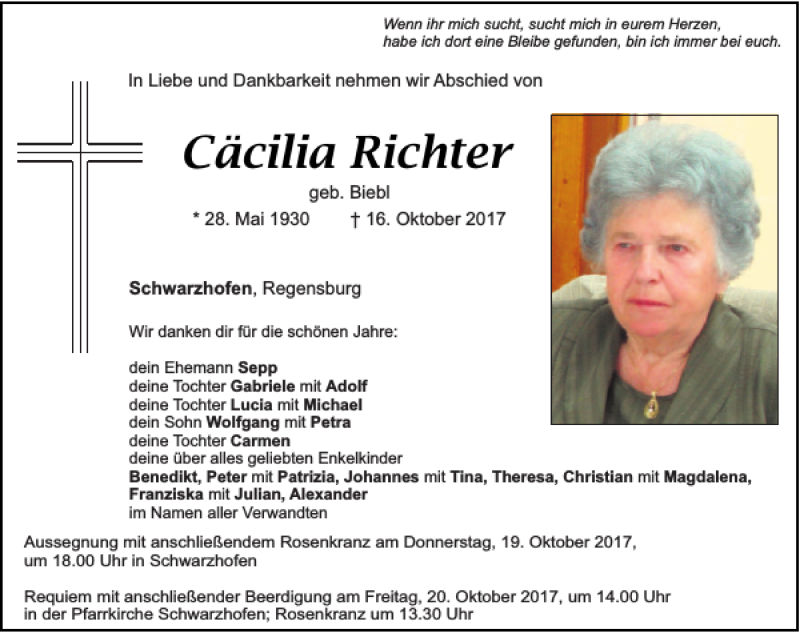  Traueranzeige für Cäcilia Richter vom 18.10.2017 aus Mittelbayerische Zeitung Schwandorf