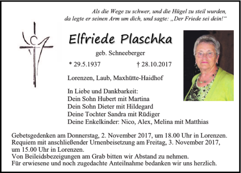  Traueranzeige für Elfriede Plaschka vom 31.10.2017 aus Mittelbayerische Zeitung Regensburg