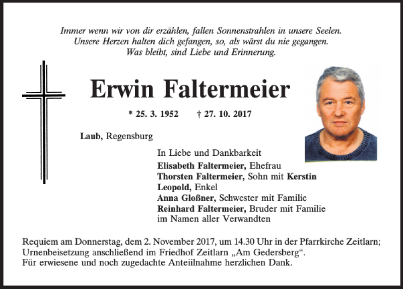  Traueranzeige für Ewin Faltermeier vom 31.10.2017 aus Mittelbayerische Zeitung Regensburg