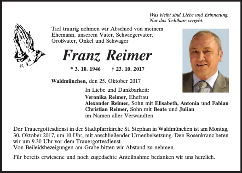  Traueranzeige für Franz Reimer Waldmünchen vom 26.10.2017 aus Bayerwald Echo