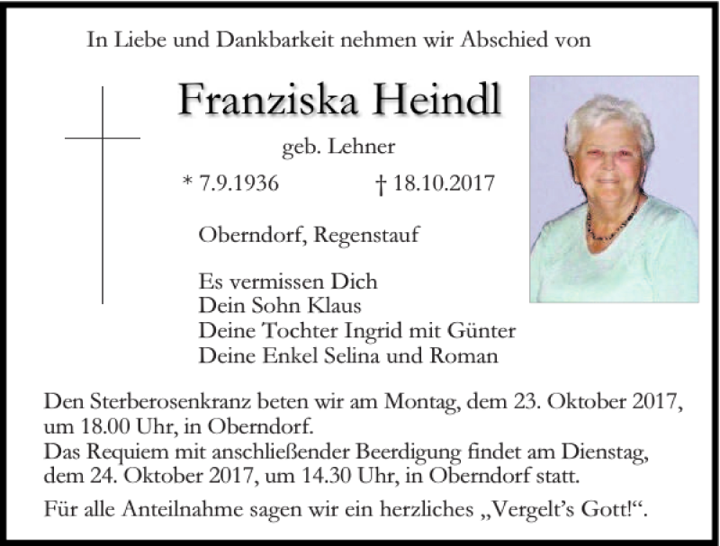  Traueranzeige für Franziska Heindl vom 21.10.2017 aus Mittelbayerische Zeitung Regensburg