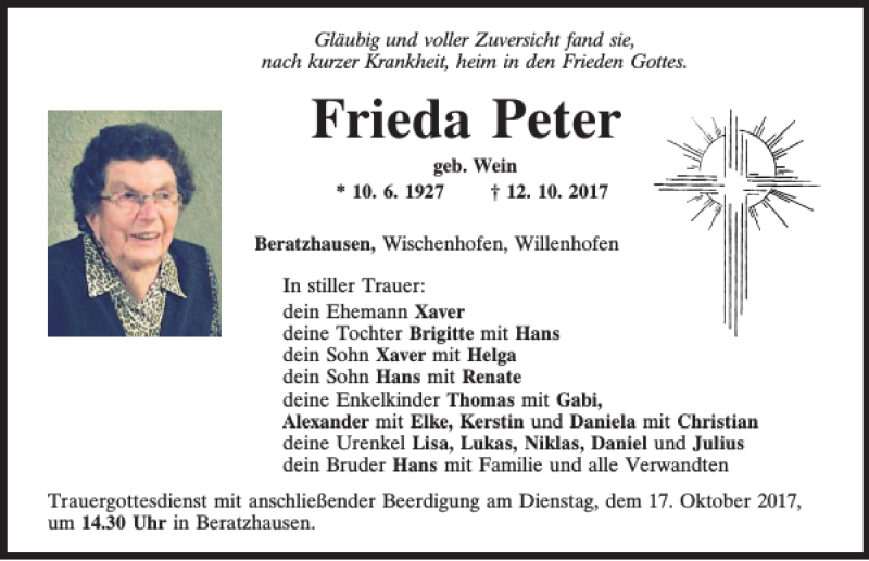  Traueranzeige für Frieda Peter vom 14.10.2017 aus Mittelbayerische Zeitung Regensburg