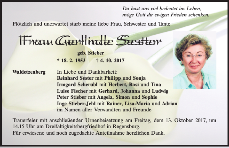  Traueranzeige für Gerlinde Sester vom 07.10.2017 aus Mittelbayerische Zeitung Regensburg