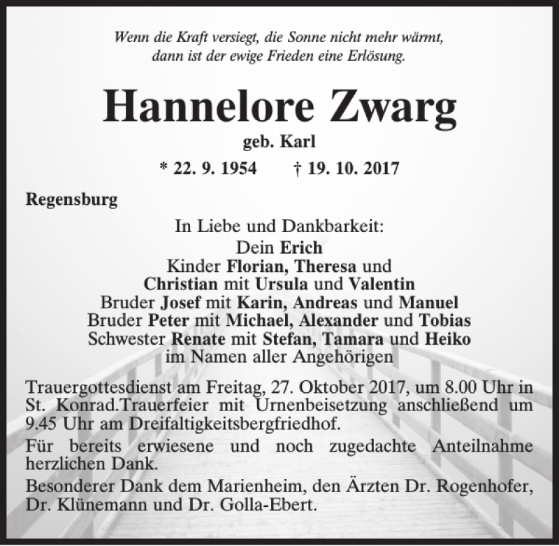  Traueranzeige für Hannelore Zwarg vom 24.10.2017 aus Mittelbayerische Zeitung Regensburg