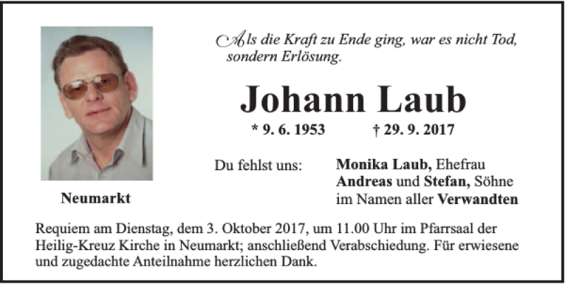  Traueranzeige für Johann Laub vom 02.10.2017 aus Neumarkter Tagblatt