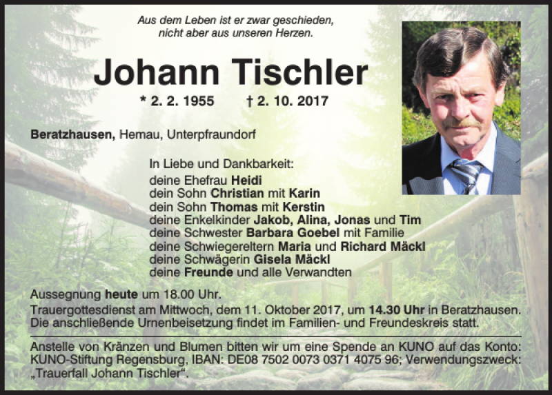  Traueranzeige für Johann Tischler vom 06.10.2017 aus Mittelbayerische Zeitung Regensburg