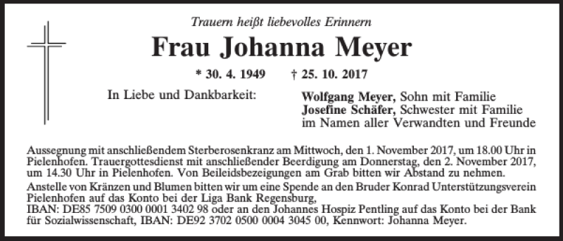  Traueranzeige für Johanna Meyer vom 28.10.2017 aus Mittelbayerische Zeitung Regensburg