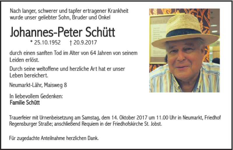  Traueranzeige für Johannes-Peter Schütt vom 11.10.2017 aus Neumarkter Tagblatt