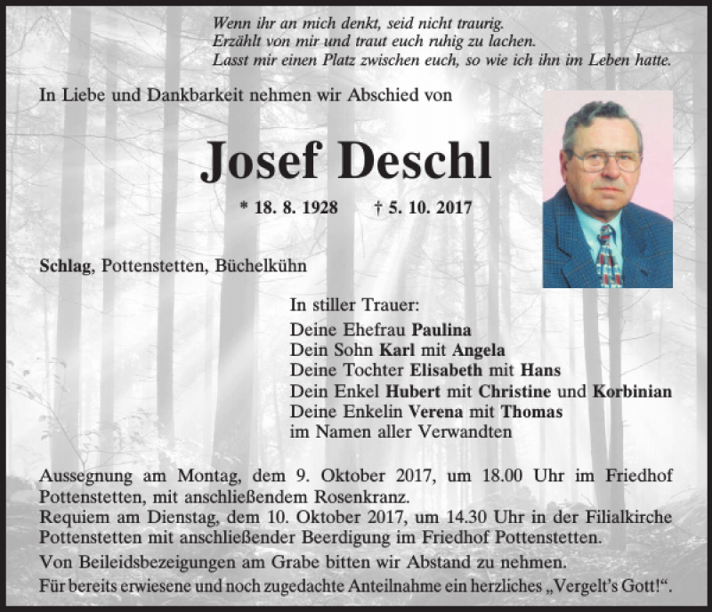  Traueranzeige für Josef Deschl vom 07.10.2017 aus Mittelbayerische Zeitung Schwandorf