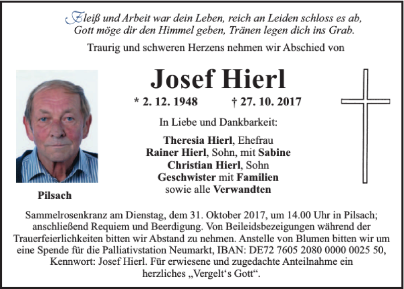  Traueranzeige für Josef Hierl vom 30.10.2017 aus Neumarkter Tagblatt