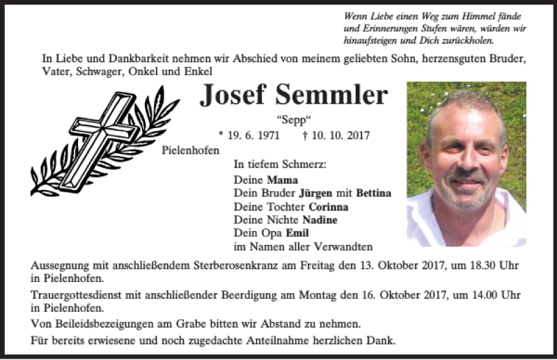  Traueranzeige für Josef Semmler vom 12.10.2017 aus Mittelbayerische Zeitung Regensburg