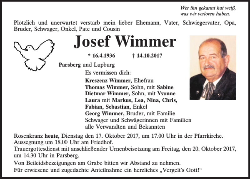  Traueranzeige für Josef Wimmer vom 17.10.2017 aus Neumarkter Tagblatt