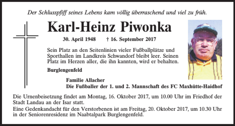  Traueranzeige für Karl-Heinz Piwonka vom 14.10.2017 aus Mittelbayerische Zeitung Schwandorf