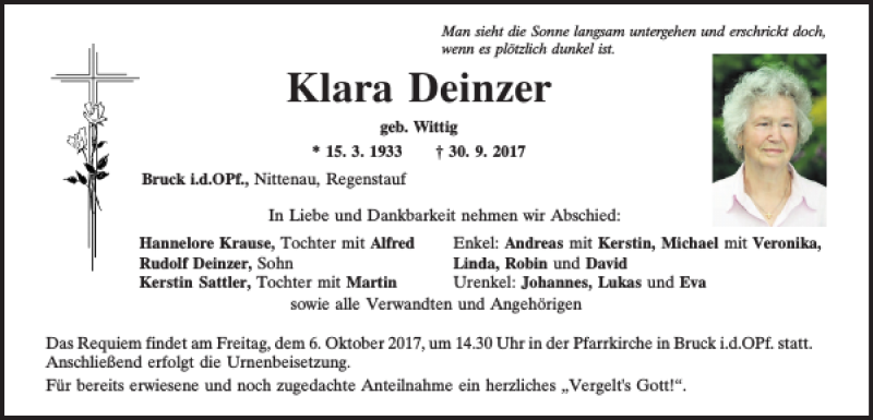  Traueranzeige für Klara Deinzer vom 04.10.2017 aus Mittelbayerische Zeitung Schwandorf