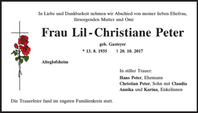  Traueranzeige für Lil-Christiane Peter vom 26.10.2017 aus Mittelbayerische Zeitung Regensburg