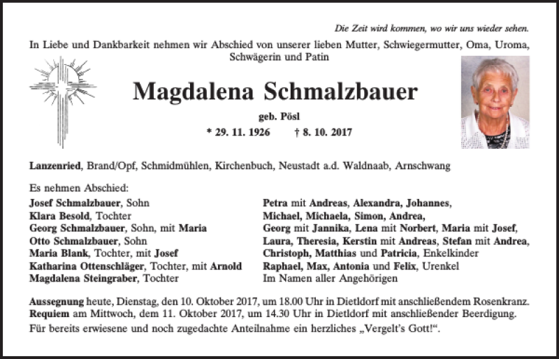  Traueranzeige für Magdalena Schmalzbauer vom 10.10.2017 aus Mittelbayerische Zeitung Schwandorf