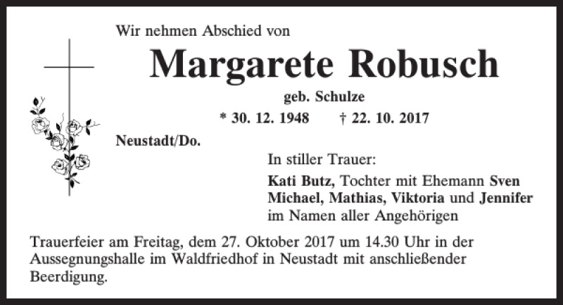  Traueranzeige für Margarete Robusch vom 25.10.2017 aus Mittelbayerische Zeitung Kelheim