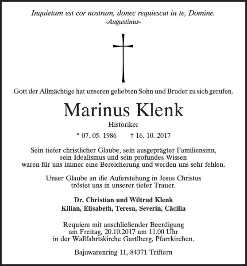  Traueranzeige für Marinus Klenk vom 18.10.2017 aus Mittelbayerische Zeitung Regensburg