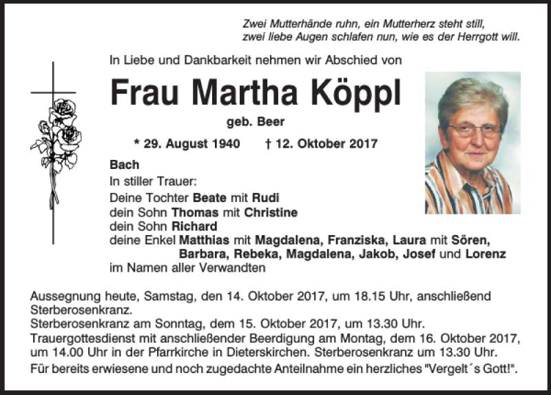  Traueranzeige für Martha Köppl vom 14.10.2017 aus Mittelbayerische Zeitung Schwandorf