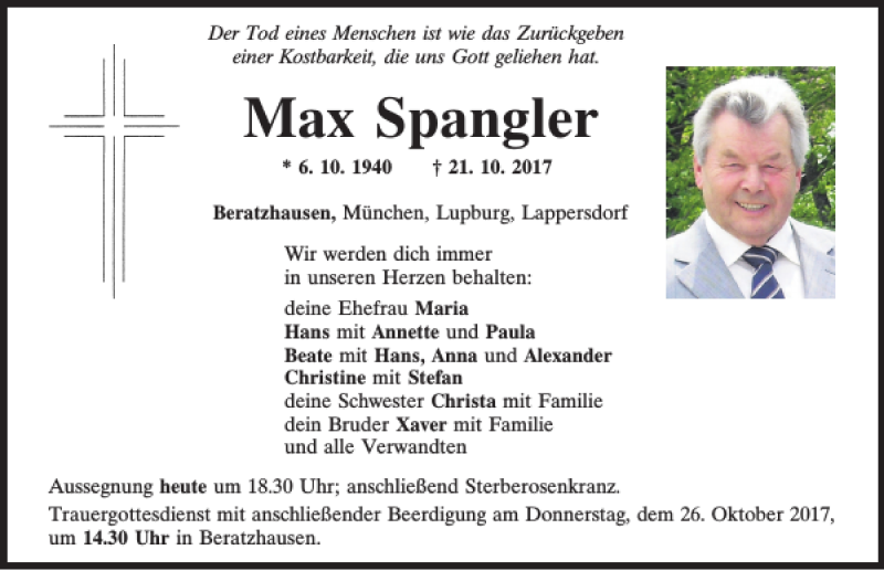  Traueranzeige für Max Spangler vom 24.10.2017 aus Neumarkter Tagblatt