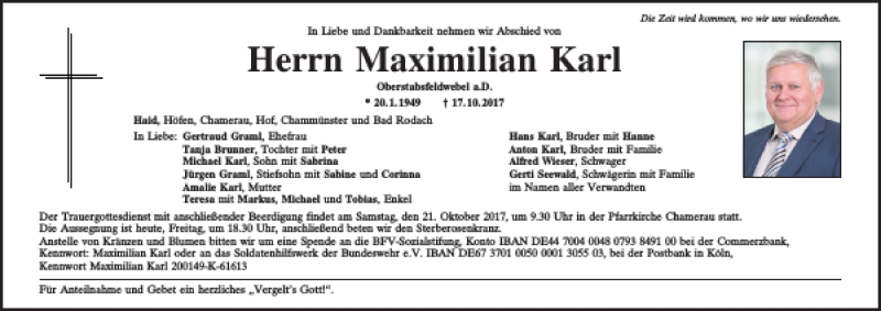  Traueranzeige für Maximilian Karl vom 20.10.2017 aus Mittelbayerische Zeitung Gesamtausgabe