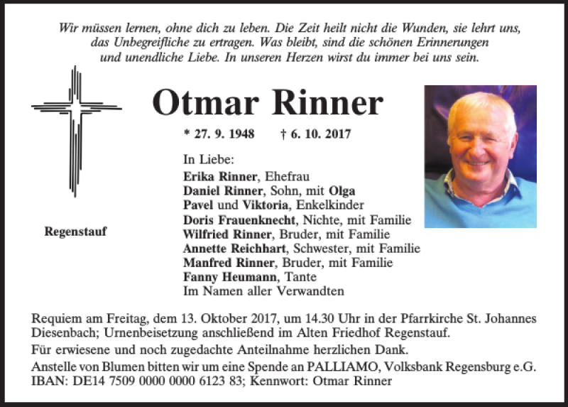  Traueranzeige für Otmar Rinner vom 11.10.2017 aus Mittelbayerische Zeitung Regensburg