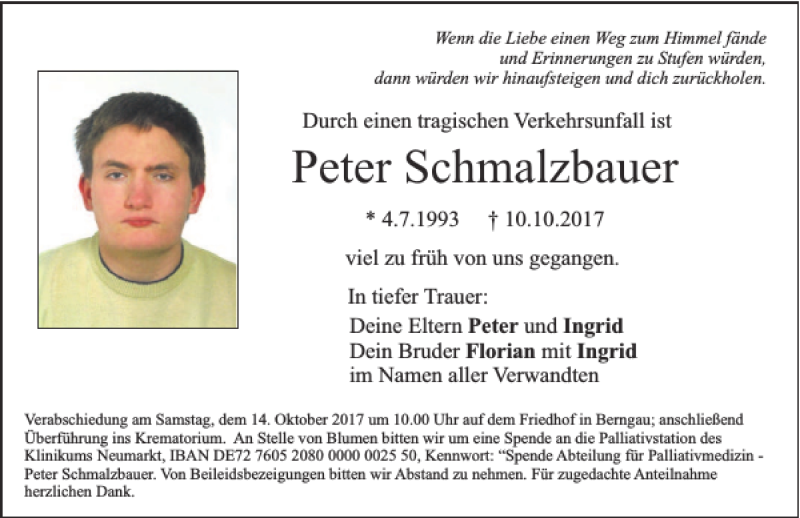  Traueranzeige für Peter Schmalzbauer vom 13.10.2017 aus Neumarkter Tagblatt