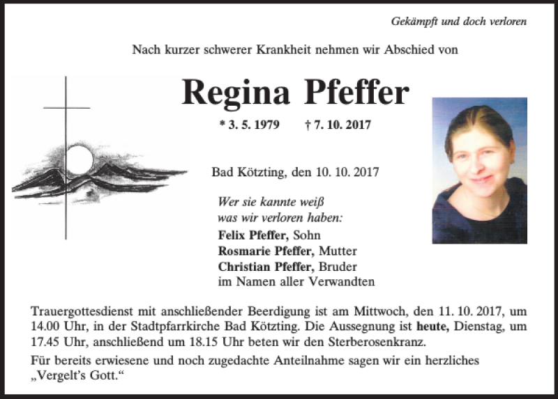  Traueranzeige für Regina Pfeffer vom 10.10.2017 aus Bayerwald Echo