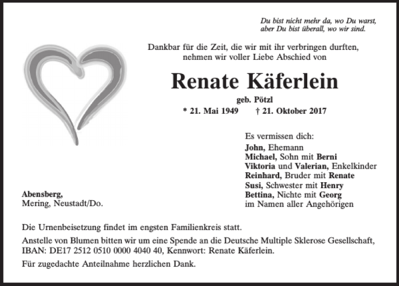  Traueranzeige für Renate Käferlein vom 25.10.2017 aus Mittelbayerische Zeitung Kelheim