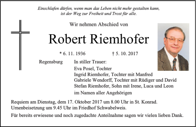  Traueranzeige für Robert Riemhofer vom 14.10.2017 aus Mittelbayerische Zeitung Regensburg