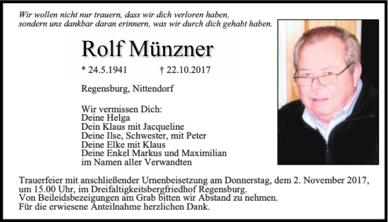  Traueranzeige für Rolf Münzer vom 28.10.2017 aus Mittelbayerische Zeitung Regensburg