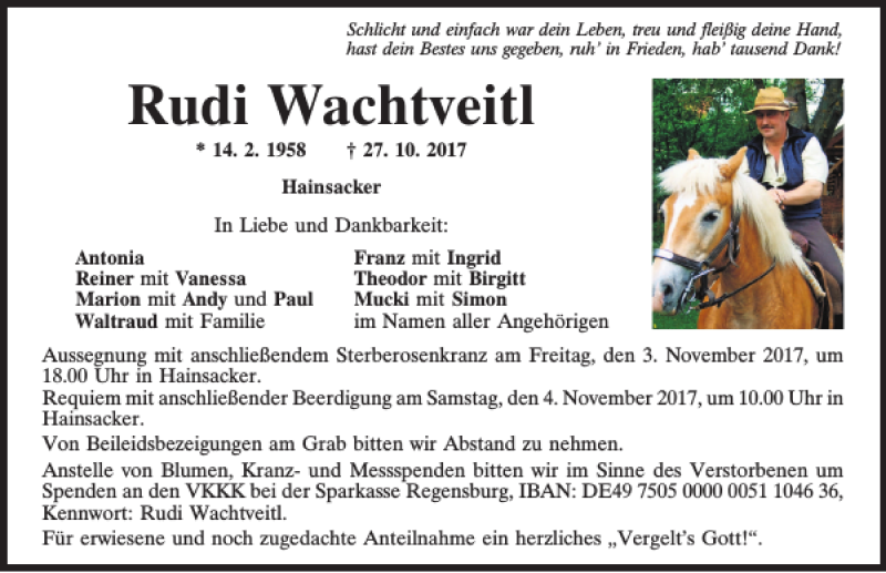  Traueranzeige für Rudi Wachtveitl vom 31.10.2017 aus Mittelbayerische Zeitung Regensburg