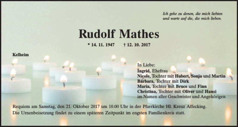  Traueranzeige für Rudolf Mathes vom 19.10.2017 aus Mittelbayerische Zeitung Kelheim