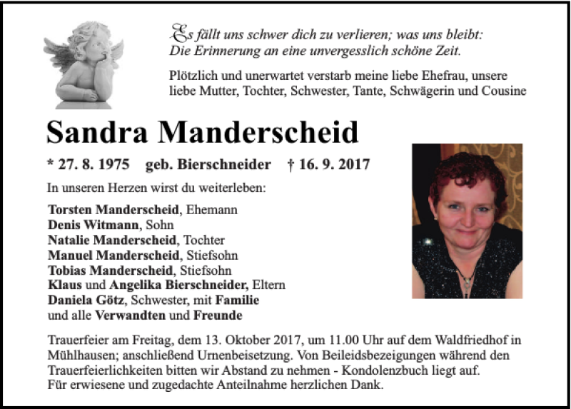  Traueranzeige für Sandra Manderscheid vom 11.10.2017 aus Neumarkter Tagblatt