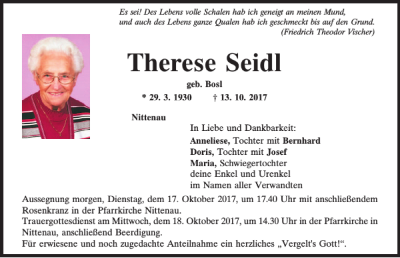  Traueranzeige für Therese Seidl vom 16.10.2017 aus Mittelbayerische Zeitung Regensburg