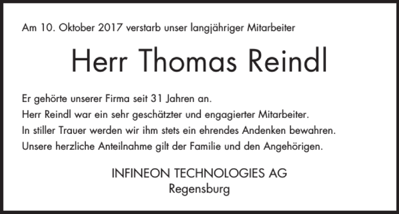  Traueranzeige für Thomas Reindl vom 21.10.2017 aus Mittelbayerische Zeitung Regensburg