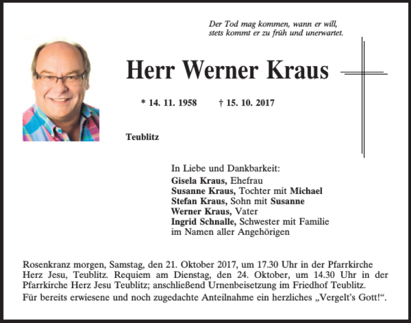  Traueranzeige für Werner Kraus vom 20.10.2017 aus Mittelbayerische Zeitung Schwandorf