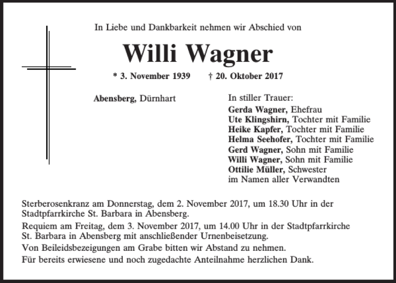  Traueranzeige für Willi Wagner vom 30.10.2017 aus Mittelbayerische Zeitung Kelheim