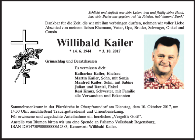  Traueranzeige für Willibald Kailer vom 07.10.2017 aus Mittelbayerische Zeitung Regensburg