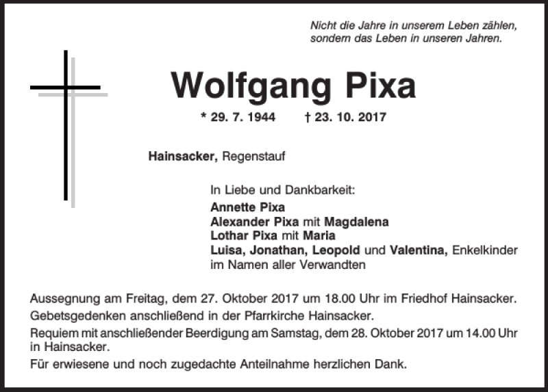  Traueranzeige für Wolfgang Pixa vom 25.10.2017 aus Mittelbayerische Zeitung Regensburg