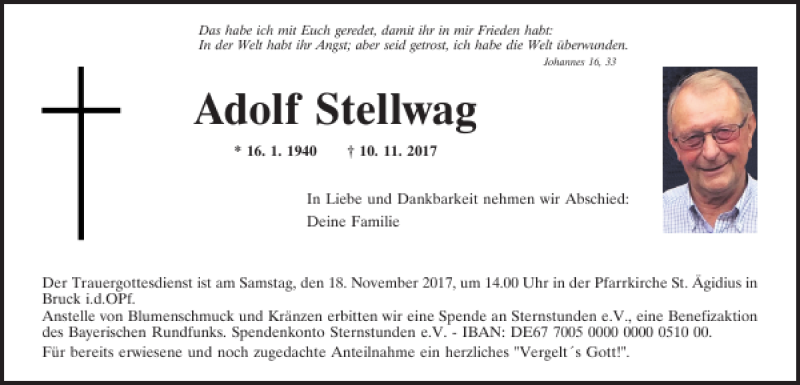  Traueranzeige für Adolf Stellwag vom 15.11.2017 aus Mittelbayerische Zeitung Schwandorf