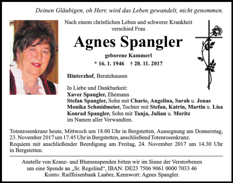  Traueranzeige für Agnes Spangler vom 22.11.2017 aus Mittelbayerische Zeitung Regensburg