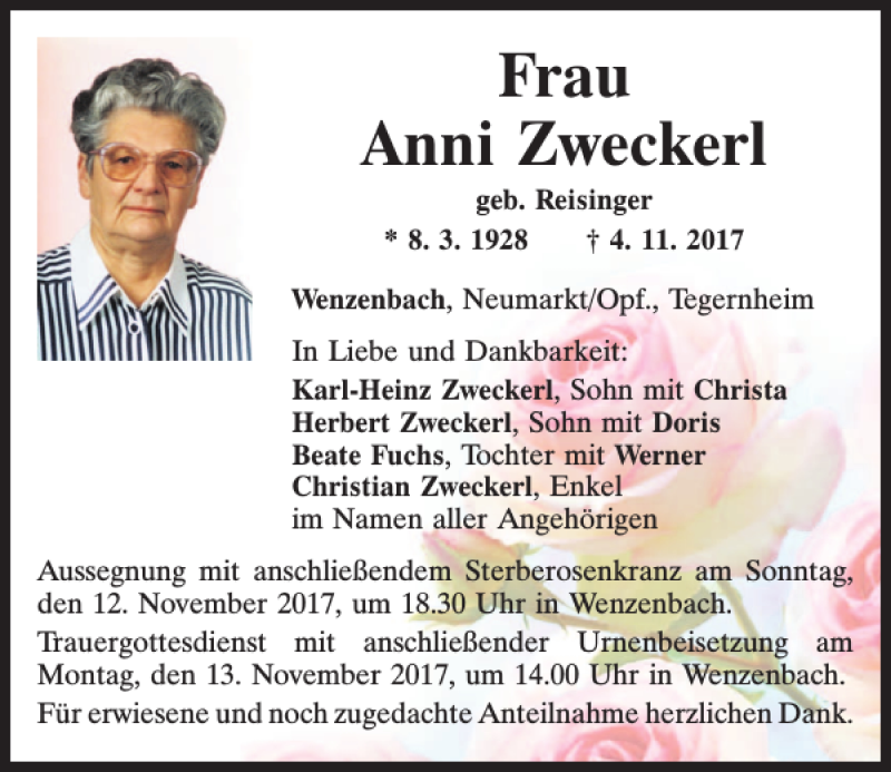  Traueranzeige für Anni Zweckerl vom 11.11.2017 aus Mittelbayerische Zeitung Regensburg