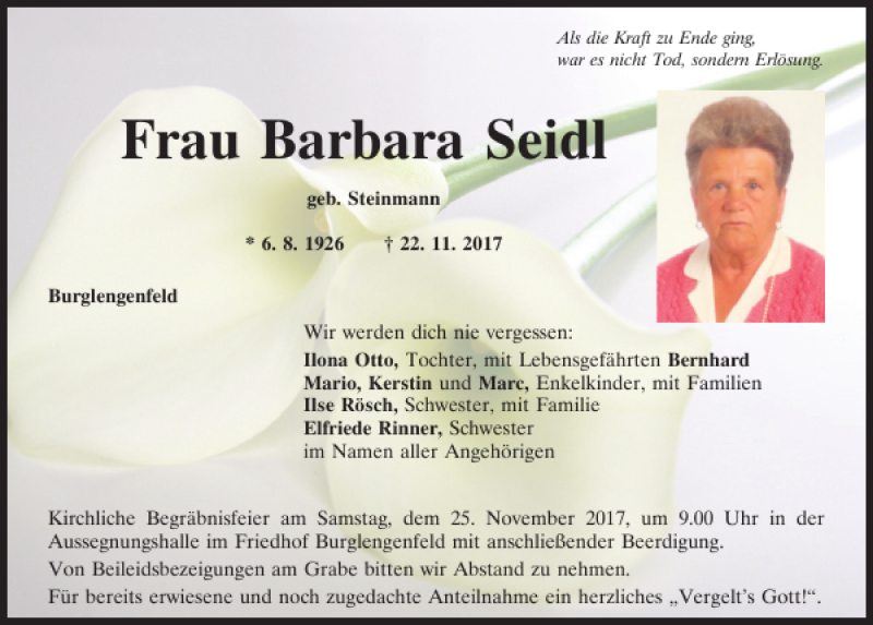  Traueranzeige für Barbara Seidl vom 24.11.2017 aus Mittelbayerische Zeitung Schwandorf