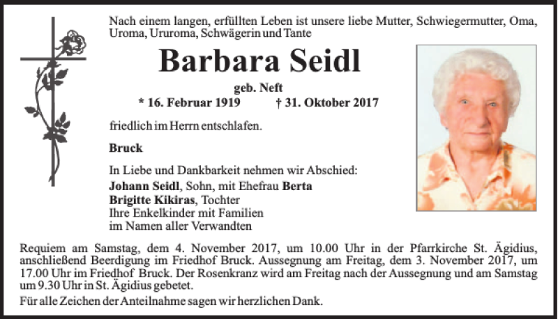  Traueranzeige für Barbara Seidl vom 02.11.2017 aus Mittelbayerische Zeitung Schwandorf