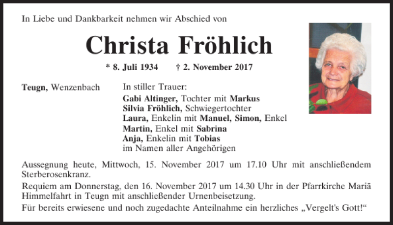  Traueranzeige für Christa Fröhlich vom 15.11.2017 aus Mittelbayerische Zeitung Kelheim